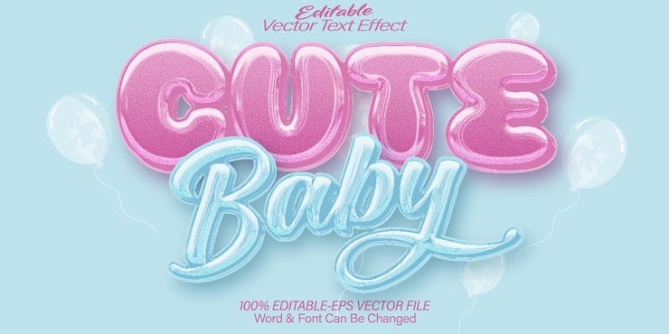 Vector el efecto de texto vectorial de bebé lindo editable alfabeto azul rosa fiesta de niños recién nacidos