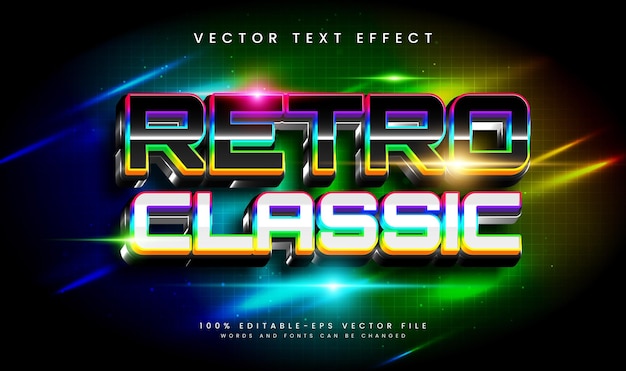 Efecto de texto vectorial clásico retro editable con concepto de luz de colores oscuros