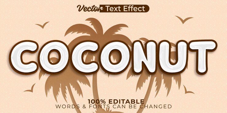 Vector efecto de texto vectorial de coco alfabeto editable palma tropical coco exótico
