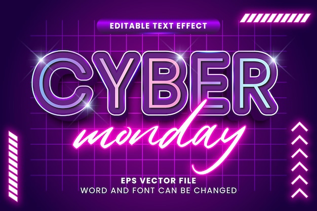 Efecto de texto vectorial editable 3d con brillo de neón morado de Cyber Monday