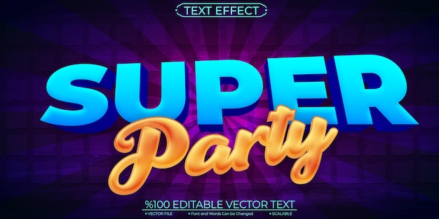 Vector efecto de texto vectorial editable y escalable de blue yellow super party