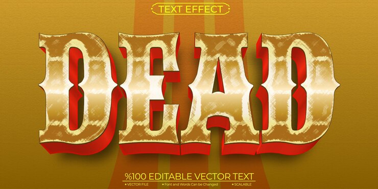 Vector efecto de texto vectorial editable y escalable de western dead de bronce y rojo
