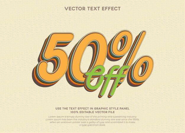 Efecto de texto vectorial de estilo retro 50% de descuento en la venta