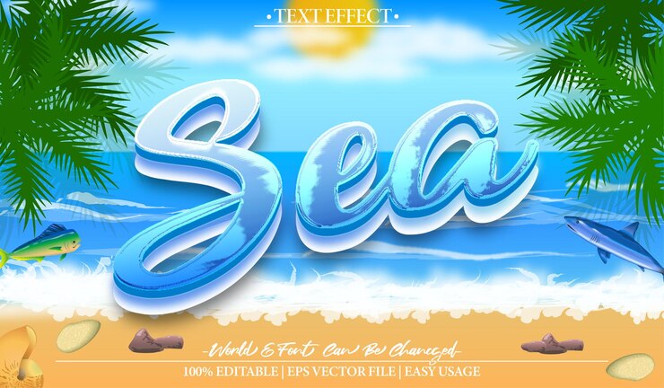 Vector efecto de texto vectorial del mar editable alfabeto sol de verano playa de hawai natación