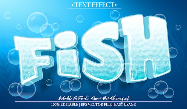 Efecto de texto vectorial de peces Editable Alfabeto Mar Océano Bajo el agua Acuático Pacífico Azul