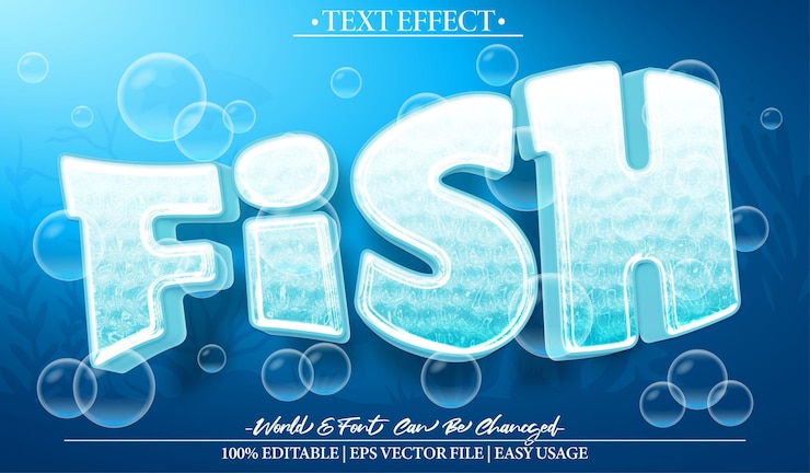 Vector efecto de texto vectorial de peces editable alfabeto mar océano bajo el agua acuático pacífico azul