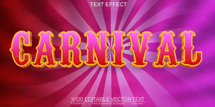 Vector efecto de texto vectorial de plantilla editable y escalable de carnaval de dibujos animados dorados