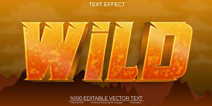 Vector efecto de texto vectorial de plantilla editable y escalable salvaje en amarillo y bronce cómico en negrita