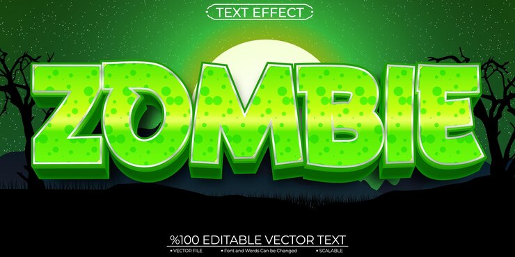 Vector efecto de texto vectorial de plantilla editable y escalable zombie verde brillante de dibujos animados