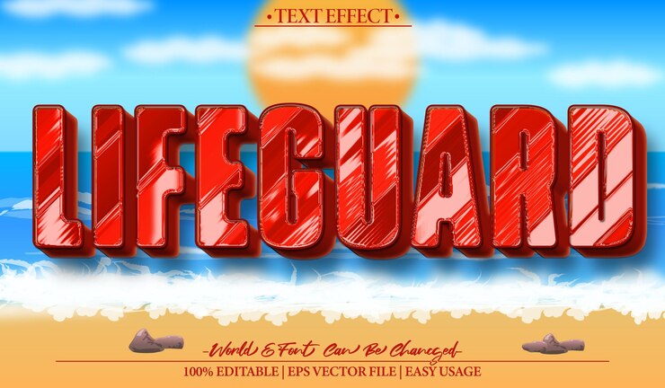Vector efecto de texto vectorial de salvavidas editable alfabeto guardia de rescate piscina mar