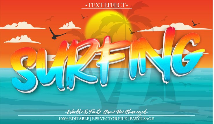 Vector efecto de texto vectorial de surf editable alfabeto vacaciones de verano playa de mar