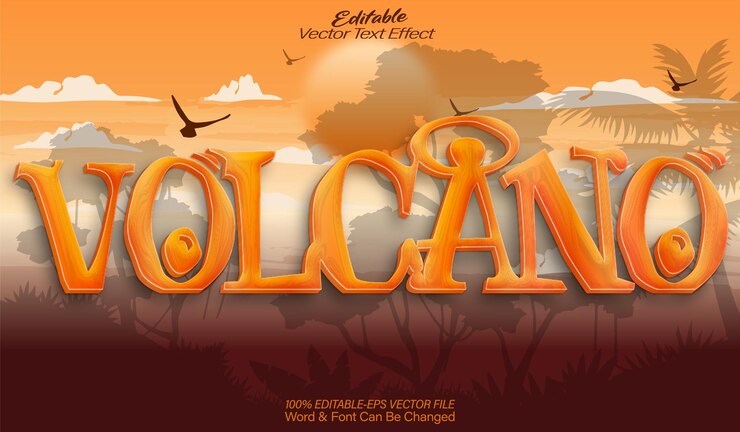 Vector efecto de texto vectorial de valcano editable alfabeto de dibujos animados lava fuego magma caliente
