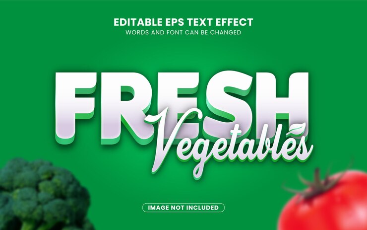 Vector efecto de texto de vegetales frescos de estilo 3d