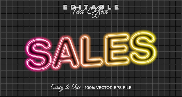 Efecto de texto de ventas brillo de neón estilo gráfico luz texto editable