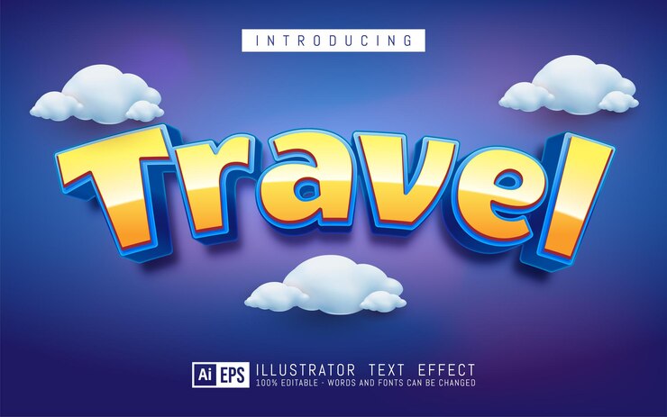 Vector efecto de texto de viaje, estilo de texto 3d editable