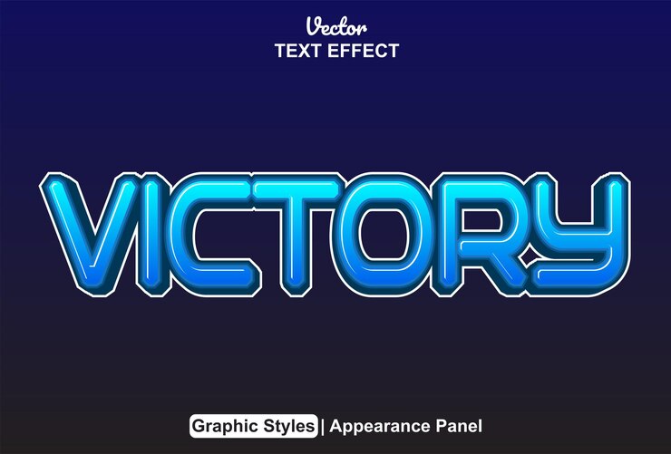 Vector efecto de texto de victoria con estilo gráfico de color azul y editable.