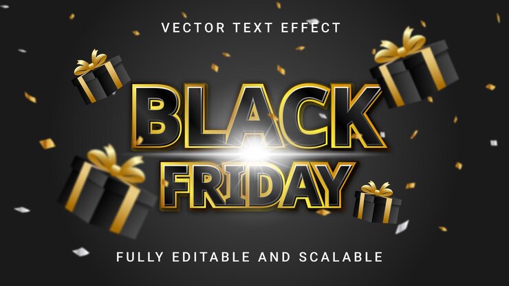 Vector efecto de texto de viernes negro con cintas doradas y una cinta