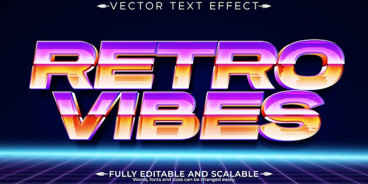 Vector efecto de texto vintage de los años 80 editable futuro retro y estilo de texto cibernético