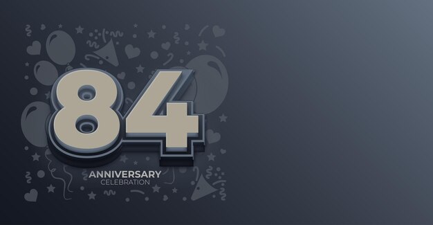 Efecto de tono gris 3D 84 años Feliz aniversario o cumpleaños Banner vectorial con espacio de copia
