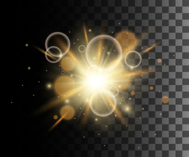Vector efecto transparente amarillo brillante, destello de lente, explosión, brillo, línea, destello de sol, chispa y estrellas. para arte de plantilla de ilustración, para celebrar navidad, rayo de energía de flash mágico