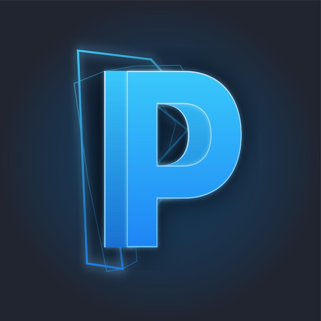 El efecto del trueno de iluminación azul Icono de la letra P con fondo oscuro