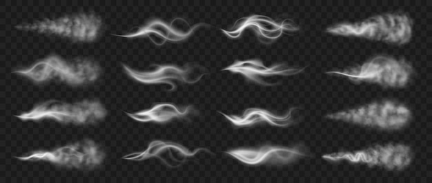 Efecto de vapor Humo y vapor realistas de comida o bebida caliente Movimiento de humo de narguile Rastro de cigarrillo ardiente Colección de rastros ahumados horizontales en un conjunto de vectores de fondo transparente