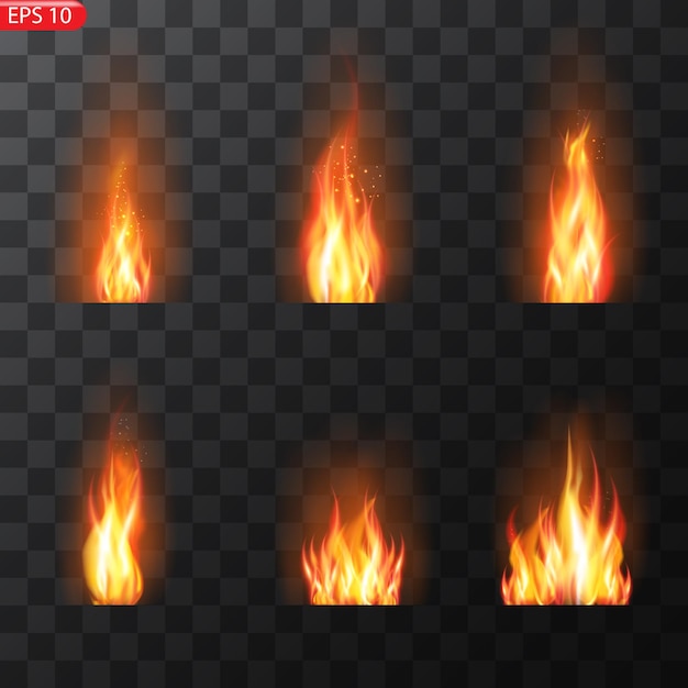 Efecto vectorial de llamas de fuego realistas con transparencia para el diseño Trail of fireBurn
