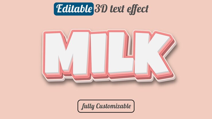 efecto vectorial de texto 3D editable de leche con color rosa claro y blanco
