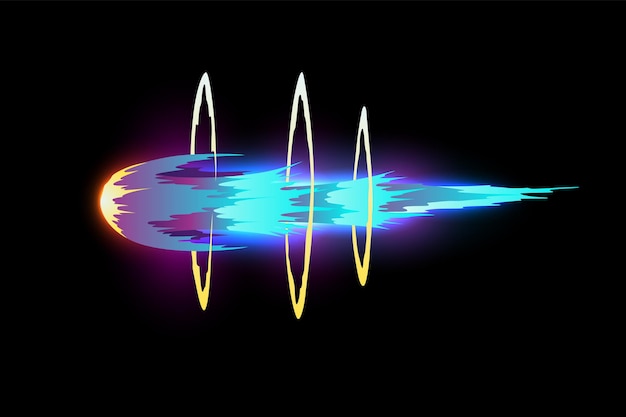 Efecto de velocidad dibujos animados vfx línea cómica blaster disparó energía fuego llama luz neón color asteroide volando