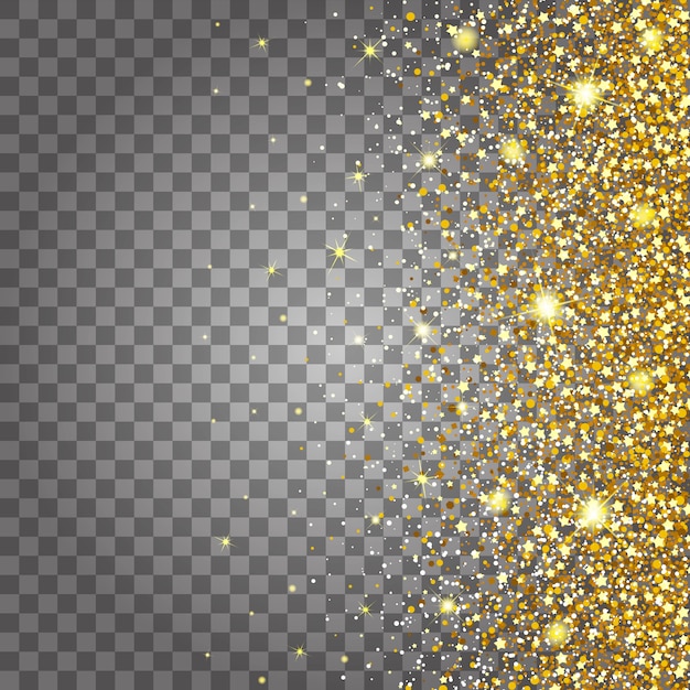 Efecto de volar partes de oro brillo de lujo rico diseño de fondo. Fondo gris claro desde el lado. Stardust provoca la explosión en un fondo transparente