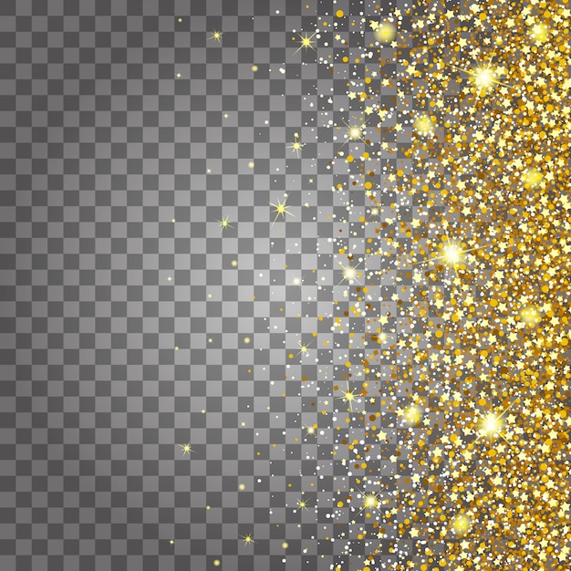 Efecto de volar partes de oro brillo de lujo rico diseño de fondo. Fondo gris claro desde el lado. Stardust provoca la explosión en un fondo transparente