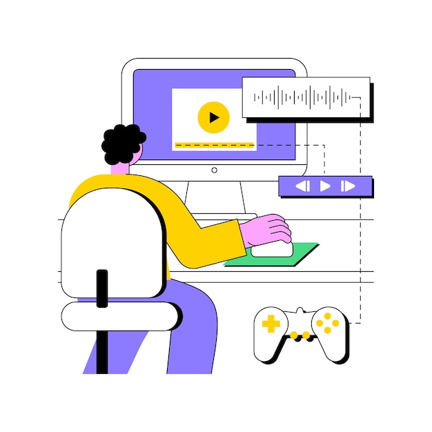 Efectos de audio y visuales aislados ilustraciones vectoriales de dibujos animados profesionales especialista en informática añadiendo