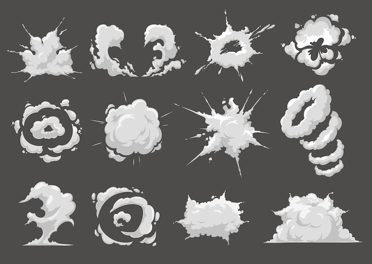 Vector efectos de dibujos animados de ráfaga o explosión. bomba o detonación explosiva, rastro de humo de lanzamiento de cohetes y nube de polvo. boom cómico, golpe o golpe, explosión de ataque
