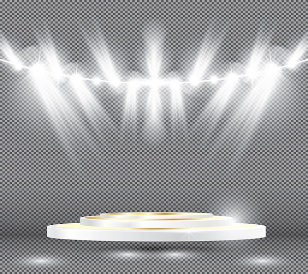 Efectos de iluminación de escenario con focos y podio blanco dorado. Ilustración de vector.