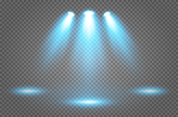 Efectos de iluminación transparentes de color azul brillante sobre un fondo transparente, reflectores de escenario iluminados