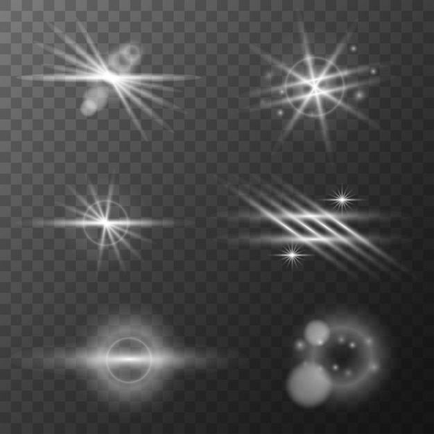 Efectos de luz brillante y brillante en un fondo transparente para elementos de diseño y proyectos creativos Ilustración vectorial