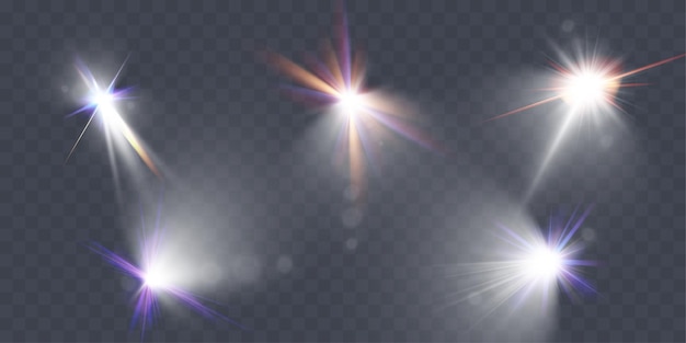 Efectos de luz brillante con lente de transparencia destello de rayos radiantes estallidos de estrellas y brillo luminoso