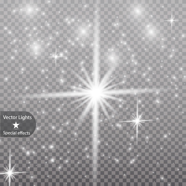 Efectos de luz brillantes brillantes aislados realistas. Elementos brillantes y estrellas.