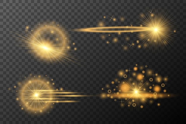 Efectos de luz Conjunto Explosión de llamarada aislada dorada Línea de polvo brillante Estrella de llamarada solar Esparra de neón Elemento vectorial de luz