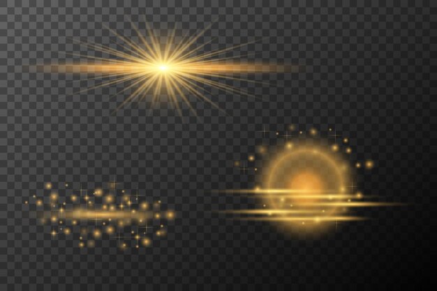 Efectos de luz Conjunto Explosión de llamarada aislada dorada Línea de polvo brillante Estrella de llamarada solar Esparra de neón Elemento vectorial de luz