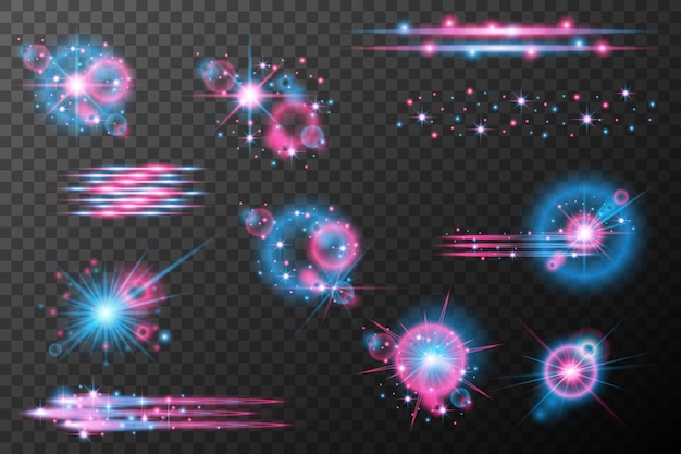 Efectos de luz de conjunto rosa azul explosión de llamarada aislada línea de polvo brillante llamarada solar chispa estrella efecto vectorial de luz de neón