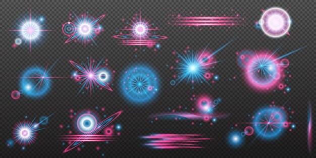 Efectos de luz de conjunto rosa azul explosión de llamarada aislada línea de polvo brillante llamarada solar chispa estrella efecto vectorial de luz de neón
