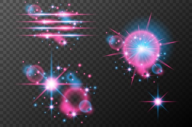 Efectos de luz de conjunto rosa azul explosión de llamarada aislada línea de polvo brillante llamarada solar chispa estrella efecto vectorial de luz de neón