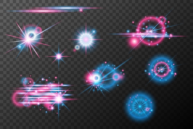 Efectos de luz de conjunto rosa azul explosión de llamarada aislada línea de polvo brillante llamarada solar chispa estrella efecto vectorial de luz de neón