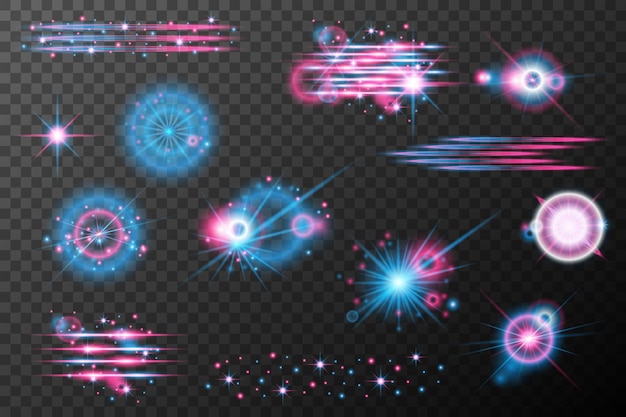 Efectos de luz de conjunto rosa azul explosión de llamarada aislada línea de polvo brillante llamarada solar chispa estrella efecto vectorial de luz de neón