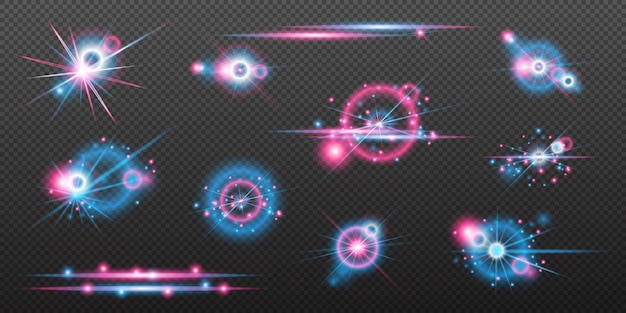 Efectos de luz de conjunto rosa azul explosión de llamarada aislada línea de polvo brillante llamarada solar chispa estrella efecto vectorial de luz de neón