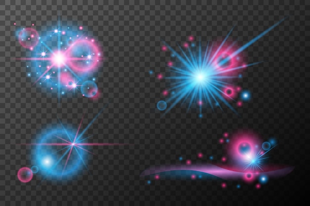 Efectos de luz de conjunto rosa azul explosión de llamarada aislada línea de polvo brillante llamarada solar chispa estrella efecto vectorial de luz de neón