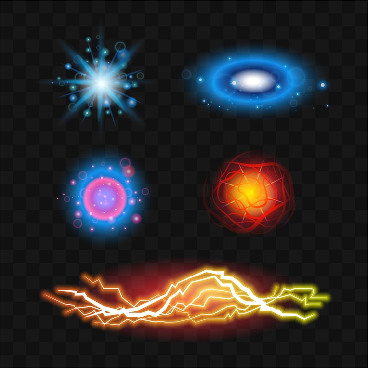 Vector efectos de luz: conjunto de vectores modernos y realistas de diferentes elementos de diseño. fondo negro. imágenes prediseñadas de alta calidad de imágenes de espacio, fuego, relámpago, flash. formas cósmicas coloridas y brillantes