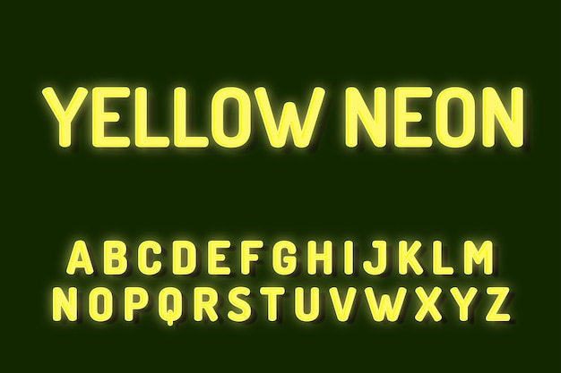 Efectos de texto de alfabeto de fuente de neón amarillo