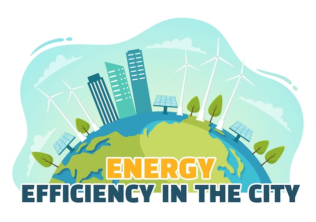 Eficiencia energética en la ilustración vectorial de la ciudad con un entorno sostenible del sol y el viento
